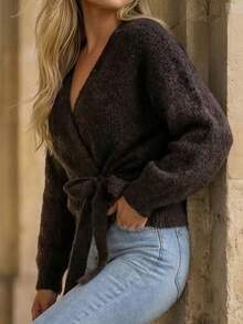 Women's Fashion Brown Tie-Front Cardigan Sweater, Overlap Collar Long Sleeve, Autumn/Winter Wardrobe Essential - Brown - View 8