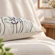 Embroidered Wildflower Throw Pillow Cover, Rustic Floral Decorative Cushion Cover With Fringe Trim, Farmhouse Fall Home Decor For Sofa Couch Bedroom, 1pc - Dusty Blue - View 7