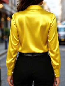 Women's New Arrival Satin Button-Down Shirt, Fashionable, Versatile, Suitable For All Seasons Spring Yellow - Yellow - View 3
