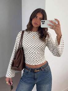 Casual Fashion Polka Dot Print Round Neck Ruched Waist Slimming Women's T-Shirt, Autumn/Winter New Arrival,Suitable For Commute, Date, Daily Outings - White - View 1