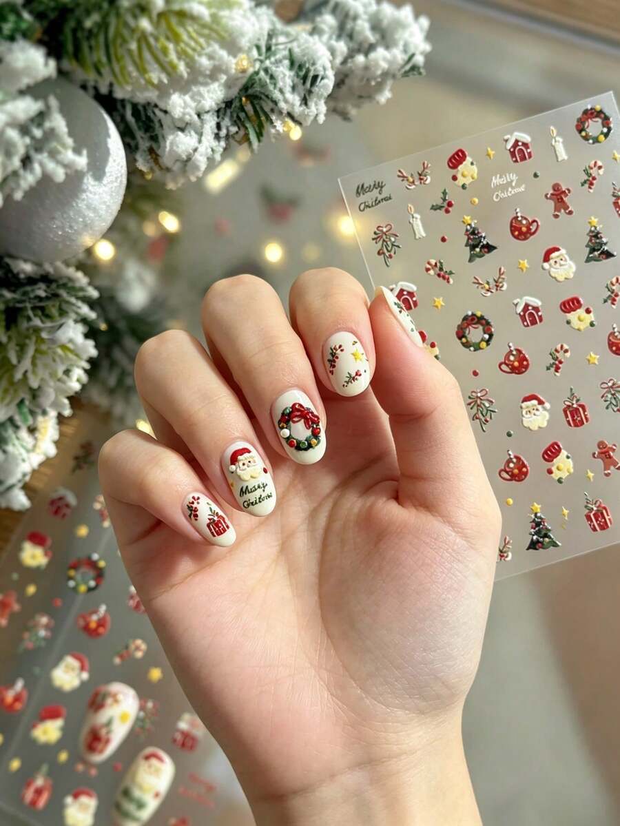 1 buah Stiker Seni Kuku Santa Claus Timbul 3D, Stiker Natal Musim Gugur Gaya Kartun Lucu - MultiWarna - View 1