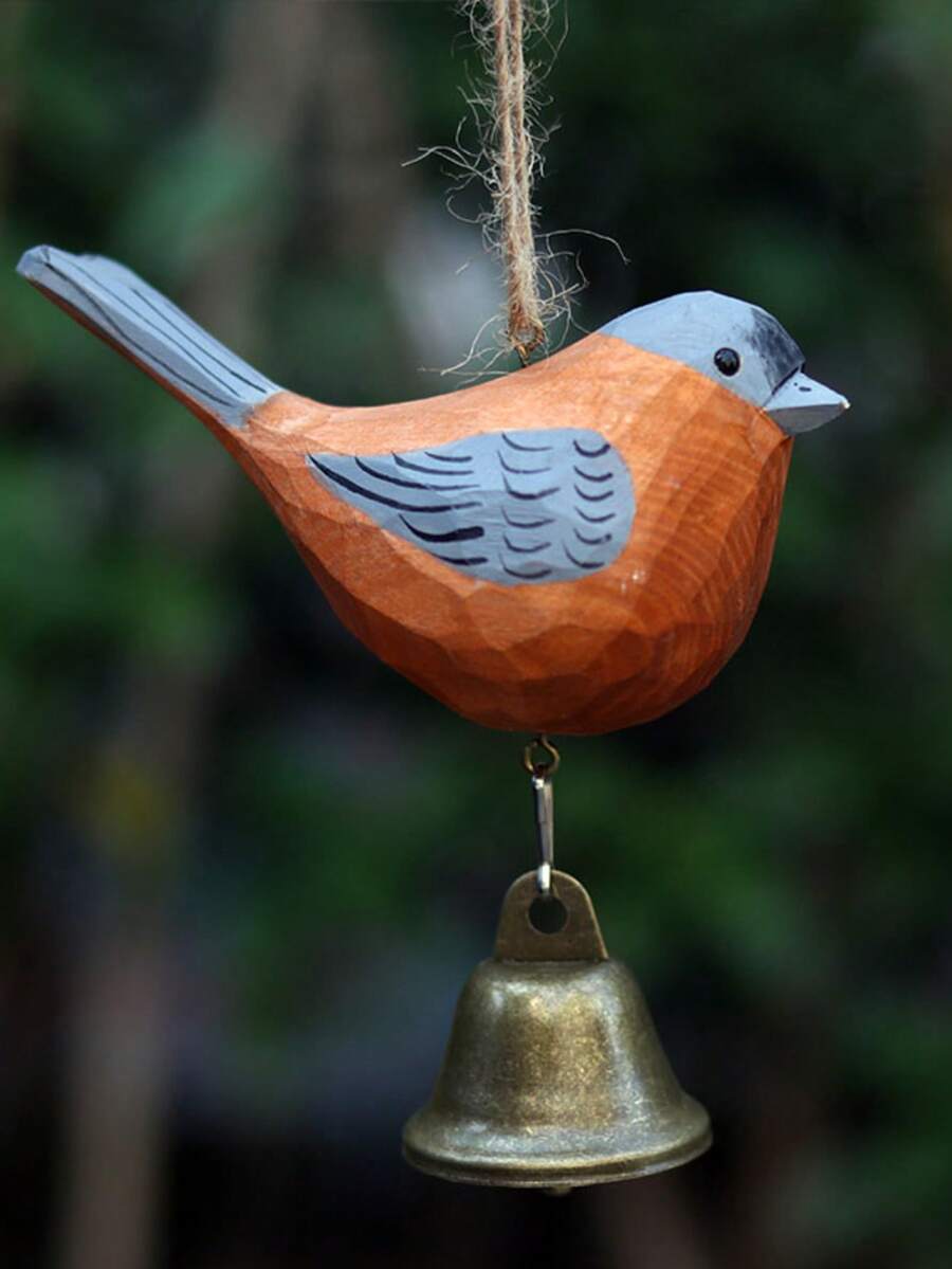 1pc Hand Carved Wooden Bird Wind Chime With Metal Bells, Garden Window Home Hanging Decor, Housewarming Gift - A - View 1