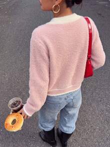 Sweet Pink Contrast Color Cardigan Sweater, Warm And Comfortable Autumn/Winter Outfit, Suitable For Thanksgiving, Christmas And New Year Occasions. - Pink - View 3