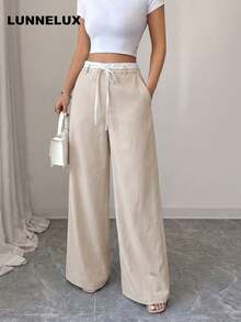 LUNNELUX Women Fall High Waist Drawstring Linen Wide Leg Pants, Elastic Waist Vacation Daily Trousers With Patch Pockets - White-gray - View 8