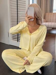 3-Piece Women's Loungewear Set, Lace Patchwork Camisole, Long Sleeve Button-Down Cardigan And Long Pajama Pants, Solid Color Soft Pajama Set - Yellow - View 6