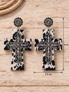 1 Pair Vintage Bohemian PU Leather Leopard Print, Cow Print, Cross Design Earrings, Western Cowboy Earrings With Turquoise, Horseshoe, Zebra Pattern (Leopard Print Size And Placement May Vary Slightly Each Pair) - Multicolor - View 3
