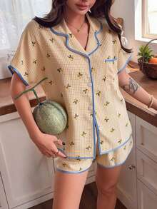 2pcs/Set Women's Comfortable Yellow & White Plaid Lemon Print Short Sleeve Collared Top And Shorts Pajama Set, Suitable For All Seasons - Yellow - View 1