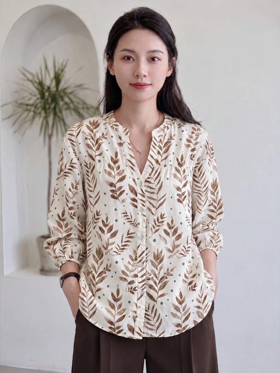 YUXIN 女款新款全幅葉片與波點印花襯衫,柔美浪漫風格,適合居家、度假、通勤與日常穿著 - 褐色 - 查看 1