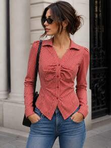 New Women's V-Neck Pleated Shirt, Waist Cinched Top, Striped Front Button Pleated Hem Spring Red - Red - View 2