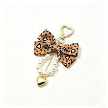 1Pc Aesthetic Leopard Bow Keychain, Cute Y2K Faux Pearl Heart Charm, Kawaii Coquette Keyring Gift For Her - Multicolor - View 5