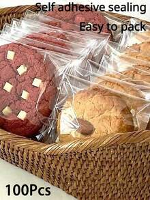 100pcs Transparent Baking Bags, Multiple Sizes, Clear Self-Sealing Cellophane Bags, Reusable Plastic Bags, Suitable For Cookies, Candies, Baked Goods, Party Favors, Etc. - Multicolor - View 1