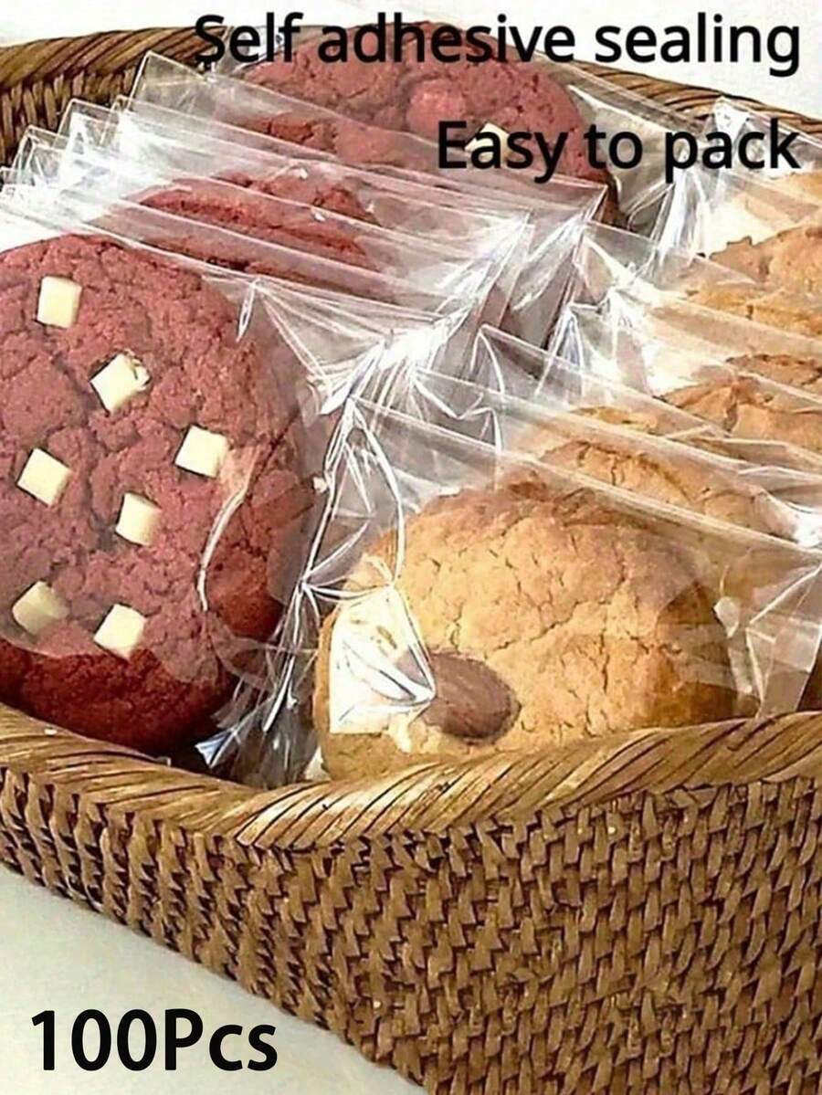 100pcs Transparent Baking Bags, Multiple Sizes, Clear Self-Sealing Cellophane Bags, Reusable Plastic Bags, Suitable For Cookies, Candies, Baked Goods, Party Favors, Etc. - Multicolor - View 1