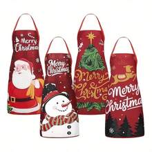 4Pcs Vintage Red Base Christmas Element Halter Apron For Home Kitchen Use Holiday Scene Photo - Multicolor - View 8