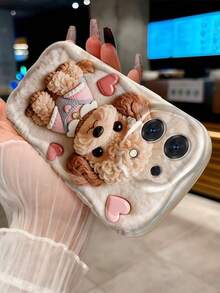 1pc Fashion Creative Cute Heart-Shaped Teddy Dog Love Pattern Wavy Edge Phone Case Compatible With IPhone18/18Pro/18ProMax/17/17Pro/17ProMax/16/16Pro/16ProMax/15/14/13/12/11 - Beige - View 4