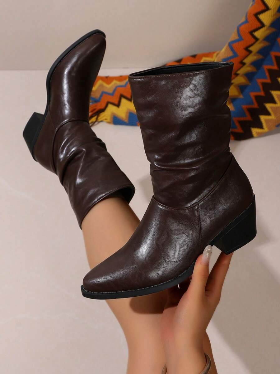 Vintage Distressed Wrinkled Mid-Calf Boots, Loose Chunky Heel Fashion Boots, Suitable For Autumn/Winter Concert And Street Wear - Brown - View 1