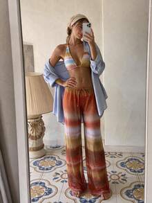 HOTTIE HABIT Women 3 Pieces Gradient Striped Halter Bikini Set With Sheer Wide Leg Cover Up Pants Beach Vacation Summer Pool Swimwear - Multicolor - View 4