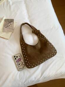 Vintage Brown Faux Suede Rivet Underarm Bag For Women, American Y2K Style Crescent-Shaped Shoulder Bag, Side Metal Rivet Decoration, Knotted Shoulder Strap, Niche Hot Girl Bag - Coffee - View 10