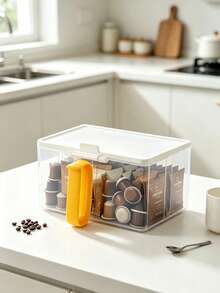 Clear Storage Box With Lid, Dust-Proof Plastic Bin With Handle, Coffee Pattern Printed Storage Container, Home Kitchen Countertop Coffee Corner Tea Bag Storage Box, Desktop Snack And Small Item Organizer, Coffee Capsule Organizer, Large Capacity Visible Storage Container, Home Storage Essential, Suitable For Storing Tea Bags, Coffee, Snacks, Miscellaneous Items, Etc., Office, Dorm, Kitchen, Car Multi-Scenario Use, Practical Gift Choice For Friends, Family, Loved Ones, Christmas Gift, Teacher's Day, Back To School Gift, Birthday Gift - Multicolor - View 2