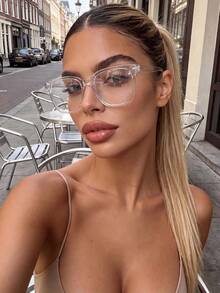 1 Pair Women's Square Large Frame Transparent Fashion Glasses, Portable, Suitable For Office Computer Wear, Transparent Lenses, Comfortable For Daily Wear, Women's Eyewear Accessory - Transparent Flat - View 4