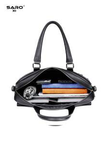 saroxi Men's Briefcase, Classic Laptop Bag, Large Capacity For Documents And Office Supplies, Business Commute, Suitable For Work, PU Leather, Minimalist Style, Litchi Texture, Solid Color, Gift For Husband, Autumn Essential - Black - View 11
