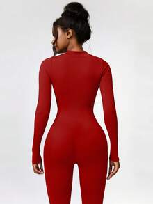 DINBEY 女款無縫羅紋半拉鍊長袖瑜伽連身衣，收腹提臀修身全身塑形健身連身衣，適合健身房運動 - 紅色 - 查看 5