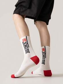 5 Pairs Men's Letter Graphic Cotton Crew Socks, Breathable Moisture Wicking Mesh Socks, Color Block Casual Sport Mid Calf Socks For Daily Wear - Multicolor - View 7