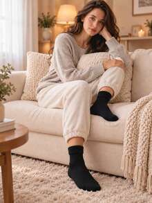 5 Pairs Women's Fleece Mid-Calf Socks, Autumn/Winter Warm Floor Socks, Solid Color Low-Key Pattern, Elastic Skin-Friendly, Indoor Warm Socks, Halloween Christmas - Multicolor - View 9