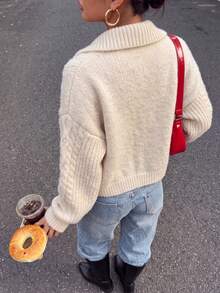 Autumn Oversized Lapel Zipper Textured Cardigan, Thanksgiving Weekend Party Daily Date Casual Outing Outfit - White - View 3