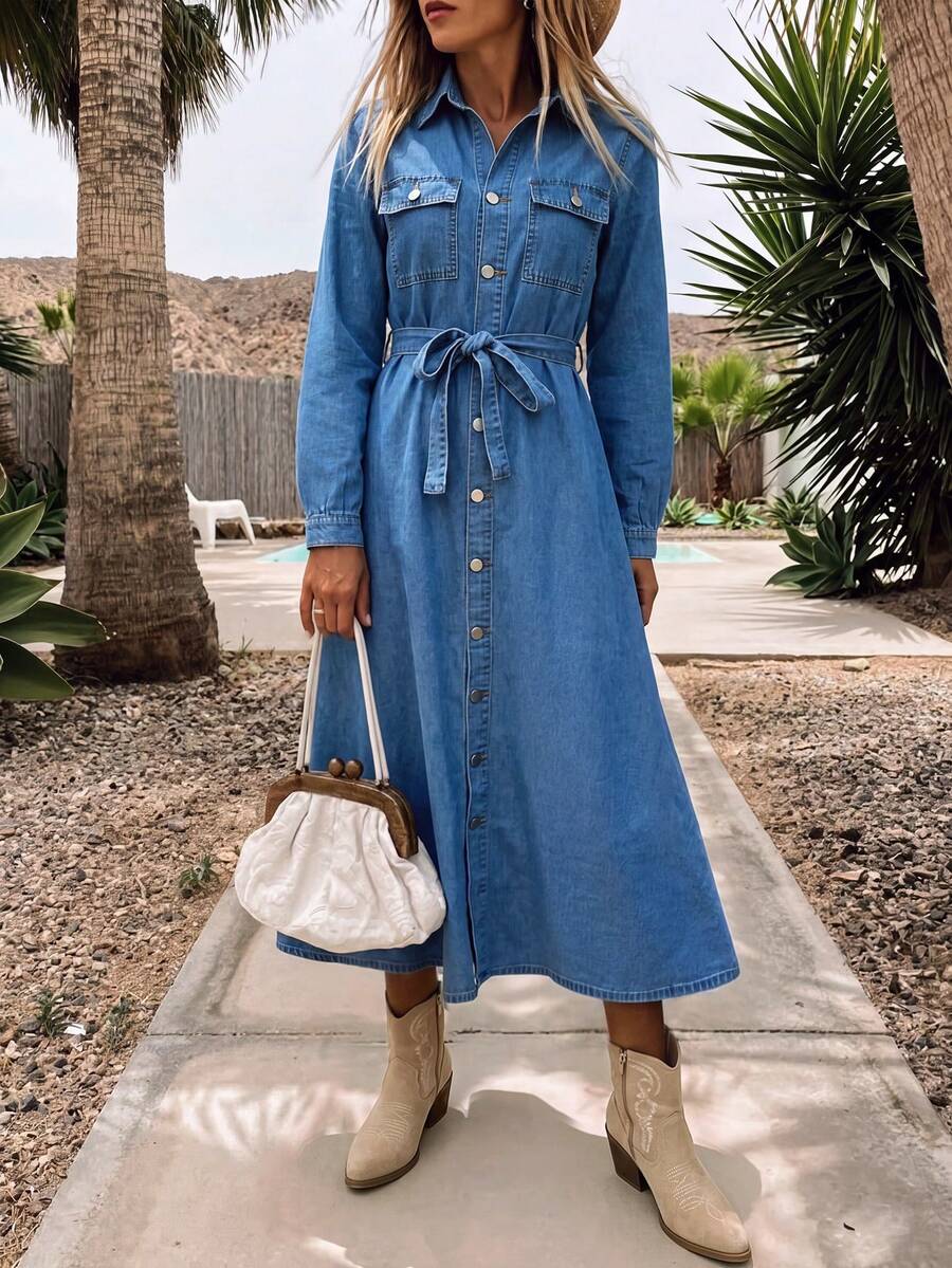Women's Casual Blue Denim Midi Shirt Dress, With Belt, Collared Long Sleeve Button-Front Design, Bohemian Style Autumn Essential Dress