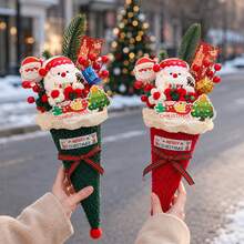 1pc Cute Healing Style Santa Cartoon Pattern Red Green Color Match Cone Shape Bowknot Red Berry Mini Gift Box Detail Table Display Gift Bouquet For Christmas Gift Christmas Eve Present Winter Indoor Tabletop Decoration - Multicolor - View 1