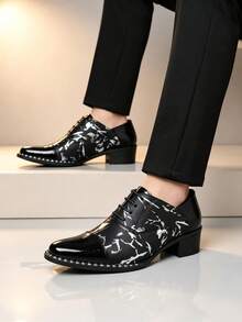 QRLQRL Sepatu Fashion Pria Musim Semi/Gugur dengan Dekorasi Foil Perak Bercorak, Ujung Lancip, Bertali, dan Hak Tebal, Cocok untuk Kantor, Perjalanan, dan Acara Sosial - Hitam - View 4