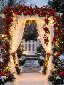2pcs/Set Christmas Wedding Artificial Red Berry Rose Vine, Suitable For Wedding, Christmas, Anniversary, Proposal, Romantic Holiday Decoration, Party Backdrop Arrangement - Multicolor - View 8