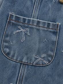 Baby Girls' Denim Overalls With Sweet Bow Jacquard Design, Casual Loose Fit Long Pants, Spring/Autumn - Royal Blue - View 7