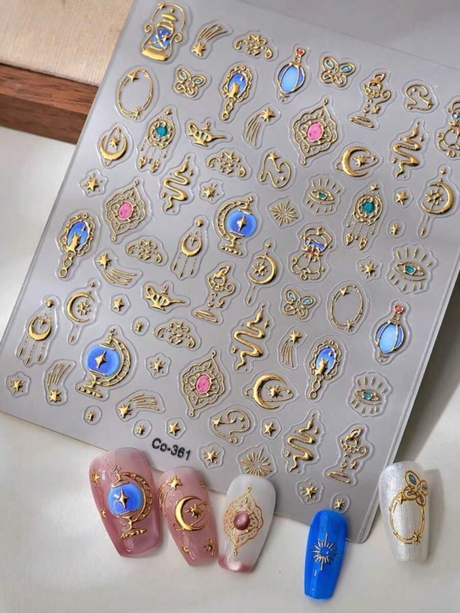 1片/2片秋冬聖誕金色箔星月燈美甲貼紙,復古神秘之眼蛇紋壓紋美甲貼紙,精緻百搭美甲裝飾,美甲沙龍同款 - 彩色 - 查看 1