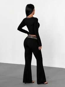 Sexy Leopard Print Patchwork Square Neck Long Sleeve Cropped Top + Low Waist Flared Flared Pants 2 Pieces Set, European & American Style Outfit - Black - View 7