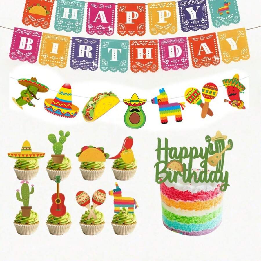 47-Piece Mexican Theme Birthday Party Decoration Set, Includes 15 Bunting Flags, 7 Banners, 24 Small Triangle Flags And 1 Large Triangle Flag, Perfect As Photo Backdrop, Suitable For Indoor Or Outdoor Birthday Parties - A - View 1