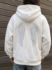 SCARLUX Women Y2K Loose Fit Hooded Sweatshirt, Angel Wings Print On Back, Winter Back To School Daily Commute Wear - White - View 1