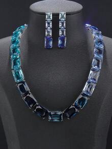 1Set/3Pcs Geometric Multi‑Color Cubic Zirconia Jewelry Set Brass Inlaid Necklace Earrings Bridal Wedding Evening Party Costume Jewelry Gift For Women - Jewelry Sets - View 9