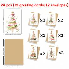12Pcs Foldable Christmas Greeting Cards With Envelopes,6 Styles Watercolor Pink Gold Xmas Tree Folded Merry Christmas Blank Holiday Note Cards - Multicolor - View 13