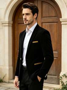Men's Vintage Corduroy Blazer, Black Slim Fit Single-Breasted Notch Lapel Elegant Suit Jacket, Versatile For Formal And Semi-Formal Gatherings - Black - View 3