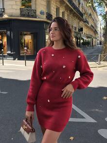 NOVELLE Women's Wine Red Crew Neck Pearl Flower Decor Knit Dress, Autumn Winter Long Sleeve Waist Flattering Bodycon, For Dating, Parties And Commute - Burgundy - View 4