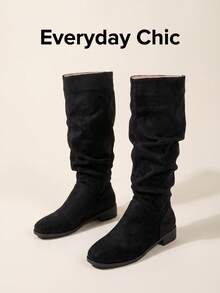 Women's Slouchy Ruched Stacked Tall Boots, Khaki Solid Color Elegant Round Toe Low Chunky Heel Versatile Slimming High Shaft Boots For Autumn/Winter - Black - View 1