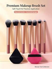 9pcs Makeup Brush Set With Powder Brush, Eyeshadow Brush, Contour Brush, Blush Brush, Blending Brush, Triangle Powder Puff, Full Set Of Makeup Tools, Essential For Beginners - Red - View 4