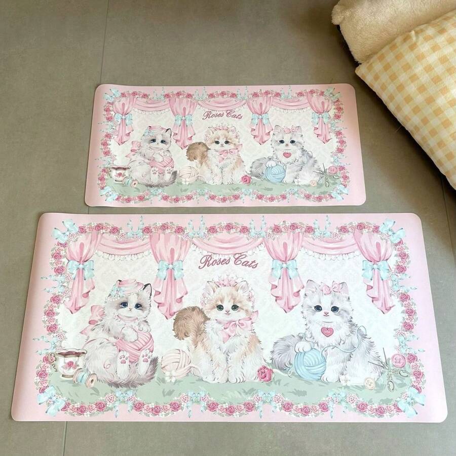 1pc Cute Pink Roses Cats Print PU Leather Large Desk Mat, Non-Slip Waterproof Mouse Pad, Easy Clean Desktop Protector, Kawaii Kitty Floral Bow Table Mat For Office Home Study Gaming Decor - View 1