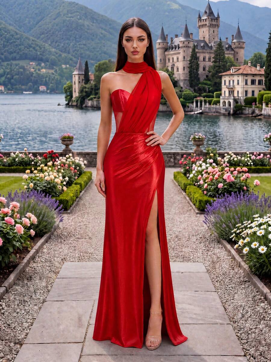 Elegant Red Satin Mermaid Evening Gown, Asymmetrical Neckline Backless Design, Suitable For Prom And Formal Events - Red - View 1