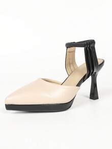 Women's Elegant Apricot Color Patchwork Pointed Toe Pumps, Stiletto Heel Ankle Strap Buckle, Commute And Date High Heels - Apricot - View 3
