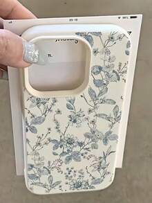 1件淺藍色花卉枝條美學圖案磨砂荔枝紋理全包防摔TPU時尚手機保護殼，適用於Apple 16 15 14 13 12 11 17 18 Pro Max A56/55/54/53/52/51 S26/25/24/23/22/21系列，防指紋保護殼 - 彩色 - 查看 2