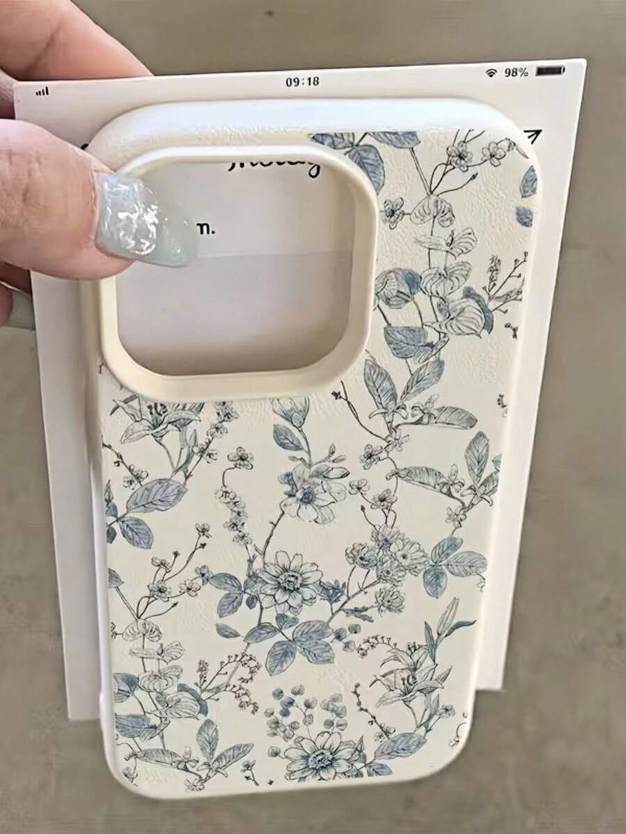 1件淺藍色花卉枝條美學圖案磨砂荔枝紋理全包防摔TPU時尚手機保護殼，適用於Apple 16 15 14 13 12 11 17 18 Pro Max A56/55/54/53/52/51 S26/25/24/23/22/21系列，防指紋保護殼