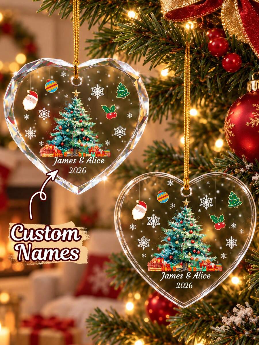 Custom Heart Christmas Tree Ornament, Personalized Name Hanging Decor, Festive Xmas Tree Decoration For Home Party, Customized Holiday Ornament, Customizable Gift For Couples, Family, Friends, 2026 Christmas Keepsake, Christmas Gift, Christmas Decor - Style B - View 1
