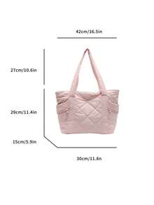 Tote Bag With Side External Zipper Pocket Decoration, Large Capacity With Multiple Storage Spaces, Can Hold Books, Umbrellas And Other Personal Items, Open Design, Korean Gentle Style Quilted Tote Bag, Suitable For Girls Who Like Minimalist Outfits For School, Commuting And Daily Outings - Pink - View 8